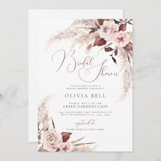 Terracotta Floral Pampas Grass Boho Brautparty Einladung (Vorne/Hinten)