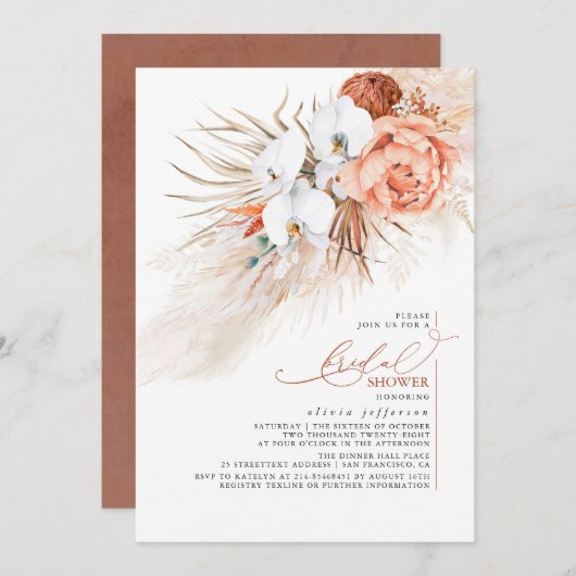 Terracotta Floral Pampas Grass Brautparty Invit Einladung (Vorne/Hinten)