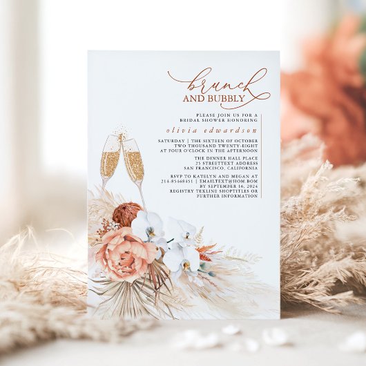 Terracotta Floral Pampas Grass Brunch und Bubbly Einladung