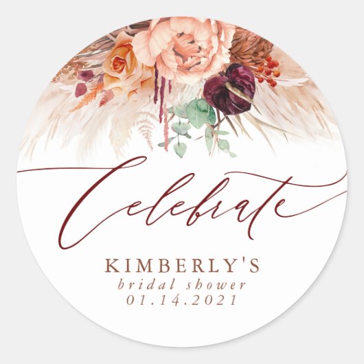 Terracotta Floral Pampas Grass CELEBRATE Runder Aufkleber (Vorderseite)