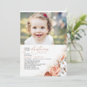 Terracotta Floral Pampas Grass Christening Foto Einladung (Stehend Vorderseite)