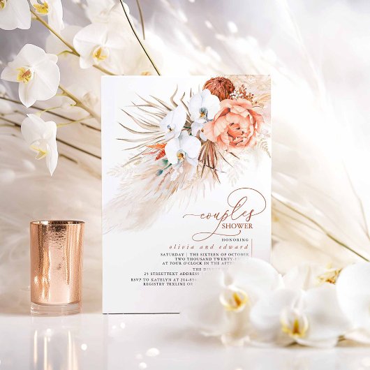 Terracotta Floral Pampas Grass Couples Dusche Einladung
