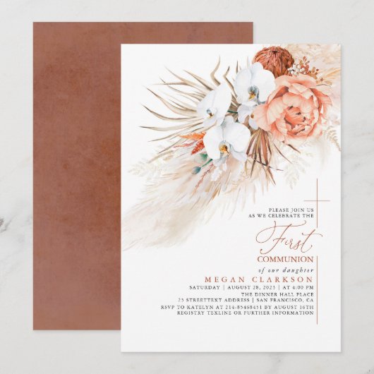 Terracotta Floral Pampas Grass Erste Kommune Einladung (Vorne/Hinten)