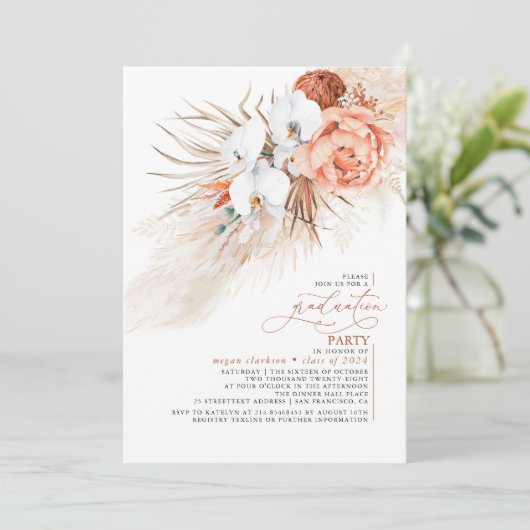 Terracotta Floral Pampas Grass Graduation Party Einladung (Stehend Vorderseite)