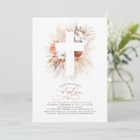 Terracotta Floral Pampas Grass Moderne Taufe Invi Einladung (Stehend Vorderseite)
