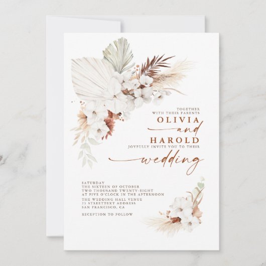 Terracotta Floral Pampas Grass Orchids Hochzeit Einladung (Vorderseite)