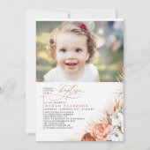 Terracotta Floral Pampas Grass Taufe Foto Einladung (Vorderseite)