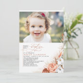 Terracotta Floral Pampas Grass Taufe Foto Einladung (Stehend Vorderseite)