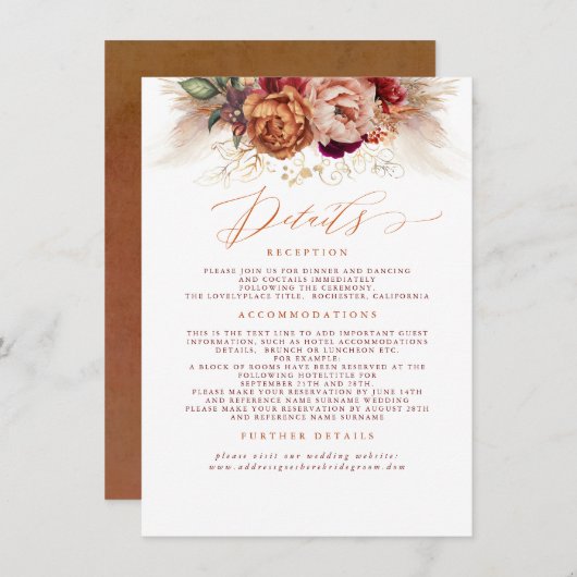 Terracotta Floral Pampas Hochzeit Details Begleitkarte (Vorne/Hinten)