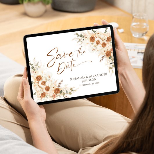 Terracotta Floral Pampas QR Code Wedding Save The Date