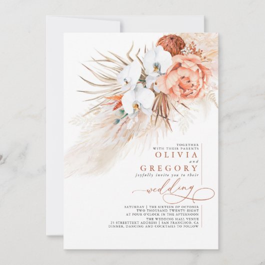 Terracotta Floral Pampas Tropische Hochzeit Einladung (Vorderseite)