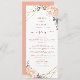 Terracotta Floral Peach Gold Hochzeit Empfang Menükarte