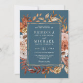 Terracotta Floral Photo QR Code Dusty Blue Wedding Einladung (Vorderseite)