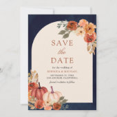 Terracotta Floral Pumpkin Navy Blue Wedding Save The Date (Vorderseite)