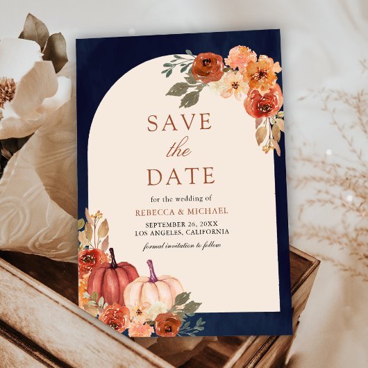 Terracotta Floral Pumpkin Navy Blue Wedding Save The Date