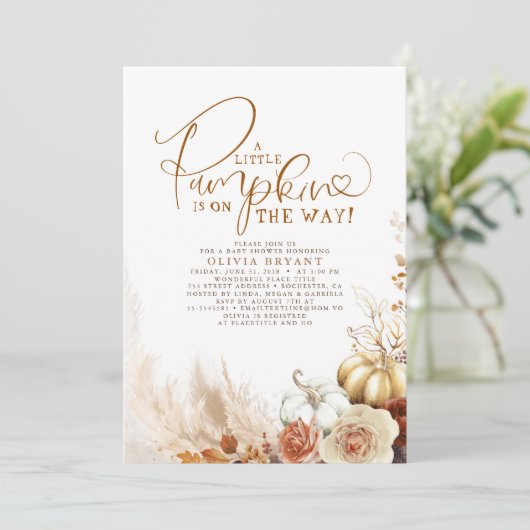 Terracotta Floral Pumpkins Fall Baby Dusche Einladung (Stehend Vorderseite)