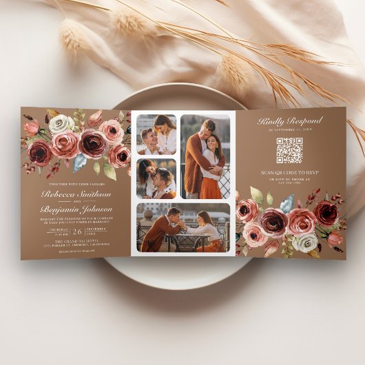 Terracotta Floral QR Code Beige Tan Wedding Dreifach Gefaltete Einladung