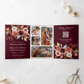 Terracotta Floral QR Code Burgundy Wedding Dreifach Gefaltete Einladung (Innenseite)