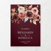 Terracotta Floral QR Code Burgundy Wedding Dreifach Gefaltete Einladung (Cover)