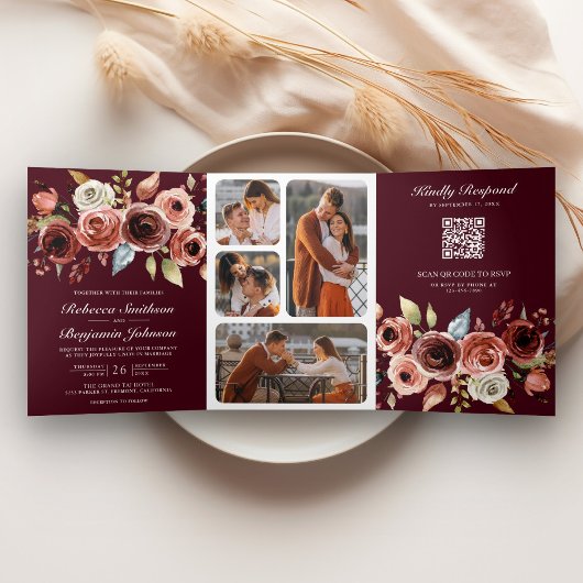 Terracotta Floral QR Code Burgundy Wedding Dreifach Gefaltete Einladung