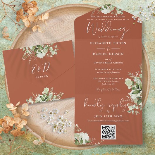 Terracotta Floral QR Code Formal Wedding All In One Einladung