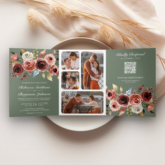 Terracotta Floral QR Code Sage Green Wedding Dreifach Gefaltete Einladung