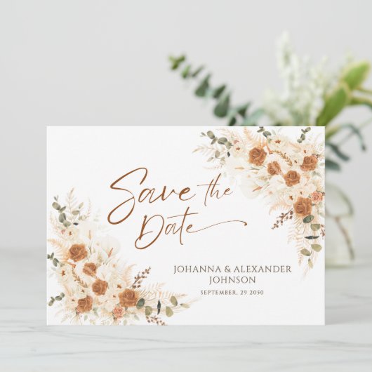 Terracotta Floral QR Code Wedding Save The Date (Stehend Vorderseite)