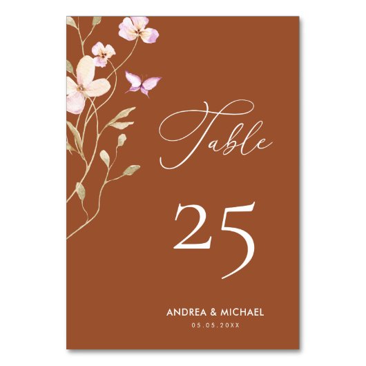 Terracotta Floral Rost Wildblumen Skript Hochzeit Tischnummer (Rückseite)