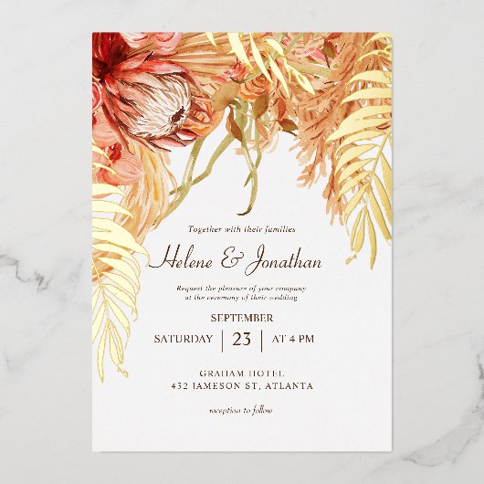 Terracotta Floral Rustikale Hochzeit Folieneinladung (Vorderseite)