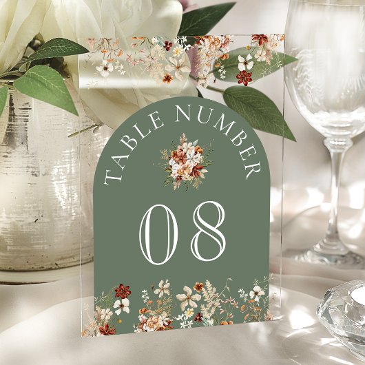 Terracotta Floral Sage Green Acrylic Table Number Acryleinladungen