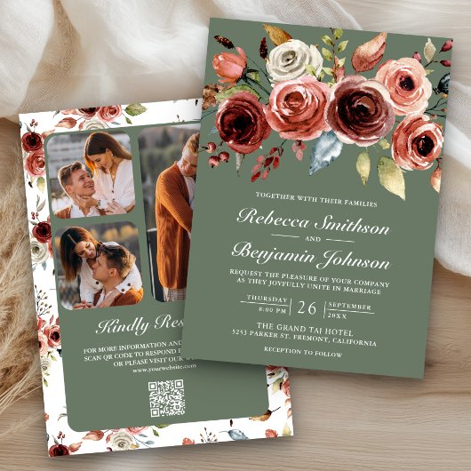 Terracotta Floral Sage Green QR Code Wedding Einladung