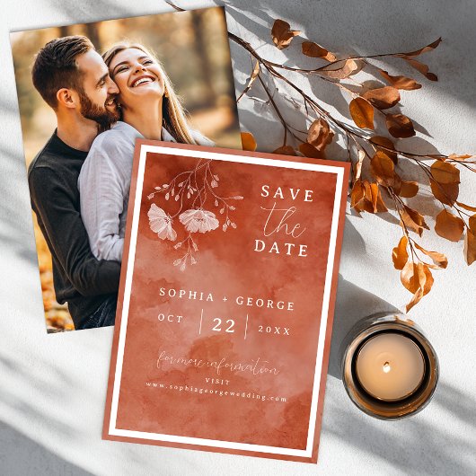 Terracotta Floral Save the Date mit Foto Back