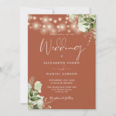Terracotta Floral String Lights Foto Wedding Einladung (Vorderseite)