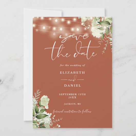 Terracotta Floral String Lights Foto Wedding Save The Date (Vorderseite)