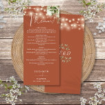 Terracotta Floral String Lights Hochzeitsfest Menükarte<br><div class="desc">Dieses elegante Terrakotta Blumenstrauß Lichter Hochzeitsmenü kann mit Ihren Informationen in der schicken Typografie mit Ihren Monogramm Initialen auf der Rückseite personalisiert werden. Entwickelt von Thisisnotme©</div>