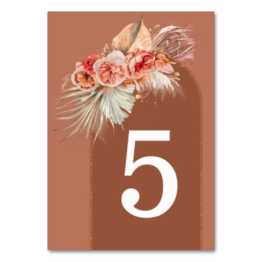 Terracotta Floral Tischnummer Cards (Vorderseite)