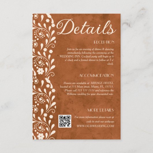 Terracotta Floral Wedding Details QR code Begleitkarte (Vorderseite)
