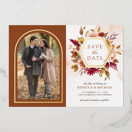 Terracotta Floral Wedding Foto Save the Date Karte (Vorderseite)