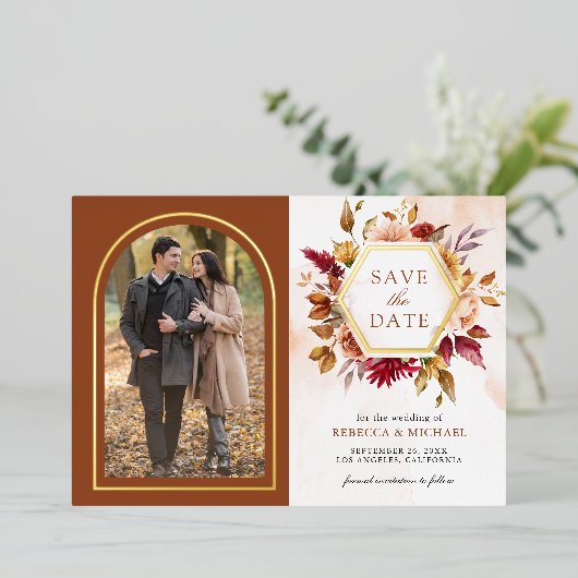 Terracotta Floral Wedding Foto Save the Date Karte (Stehend vorne)