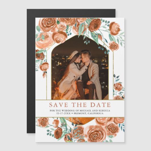 Terracotta Floral Wedding Foto Save the Date Magneteinladung (Vorne/Hinten)