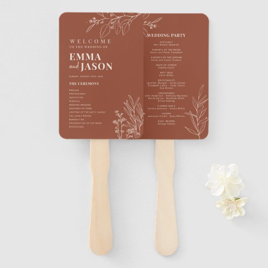 Terracotta Floral Wedding Hand Fan Programm Fächer (Vorne und Hinten)