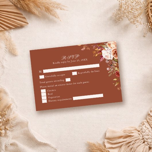 Terracotta Floral Wedding RSVP Card Fall Boho Karte