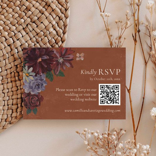 Terracotta Floral Wedding RSVP QR Code Karte