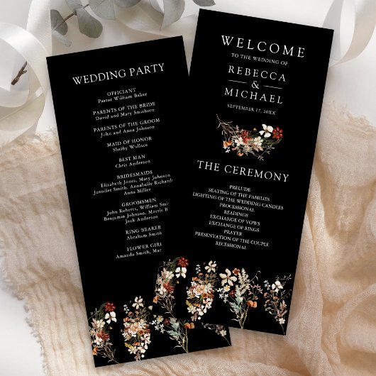 Terracotta Floral Wildblume Black Wedding Programm