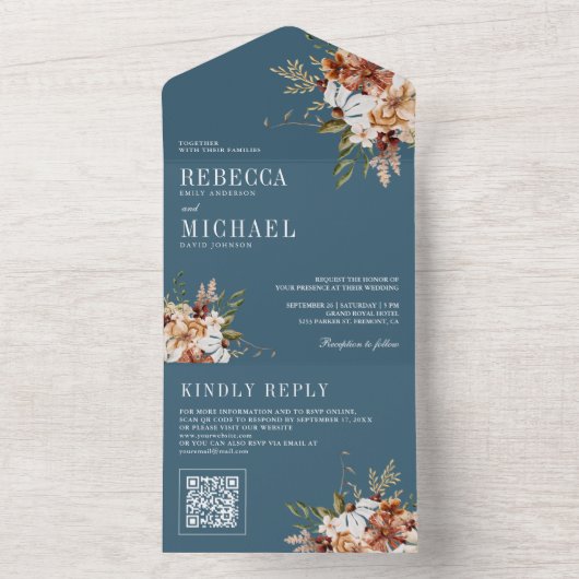 Terracotta Floral Wildblume Dusty Blue Wedding All In One Einladung (Innen Boden)