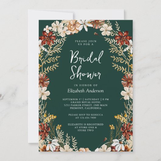 Terracotta Floral Wildblume Emerald Brautparty Einladung (Vorderseite)