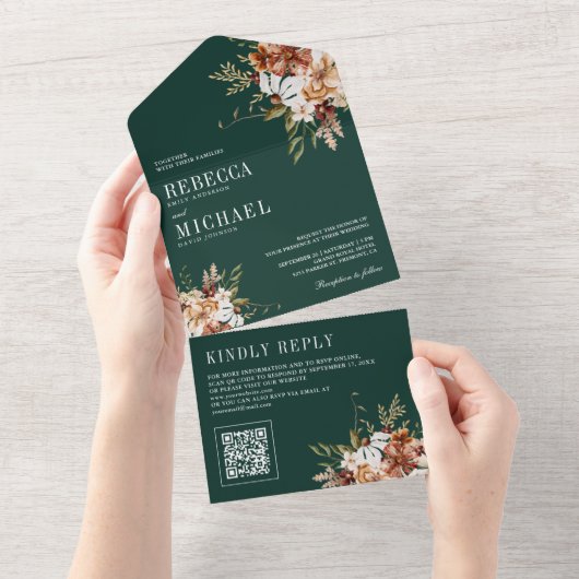 Terracotta Floral Wildblume Emerald Green Wedding All In One Einladung (Abreißen)