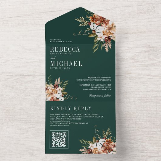 Terracotta Floral Wildblume Emerald Green Wedding All In One Einladung (Innen Boden)