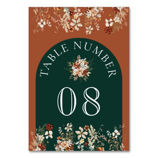 Terracotta Floral Wildblume Emerald Green Wedding Tischnummer (Vorderseite)