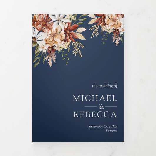Terracotta Floral Wildblume Navy Blue Wedding Dreifach Gefaltete Einladung (Cover)